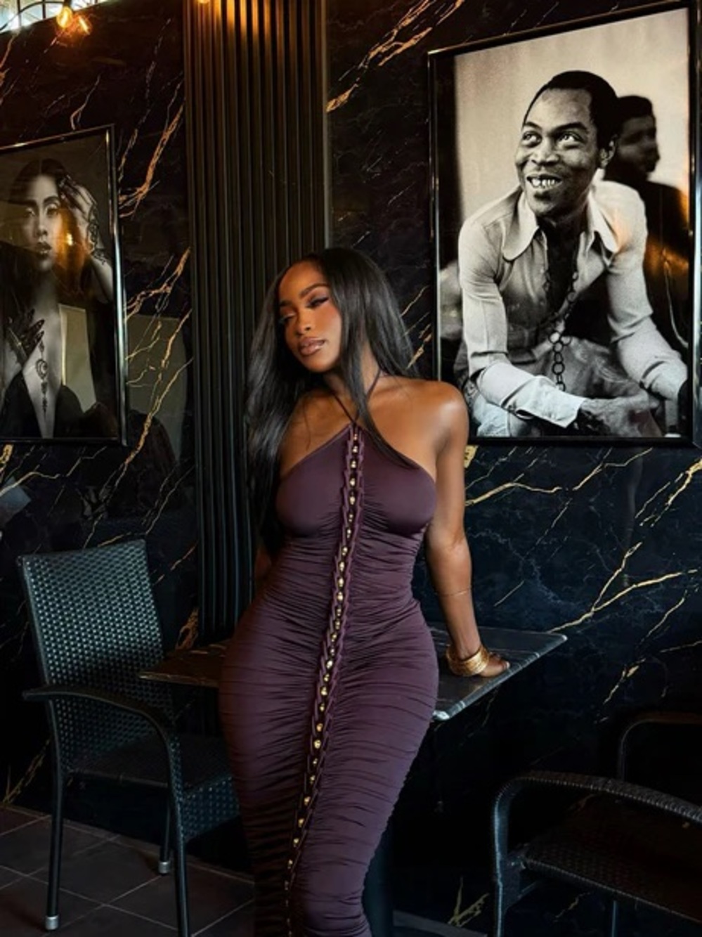 Fashion Nova One-Shoulder Ruched Maxi Dress in Deep Plum